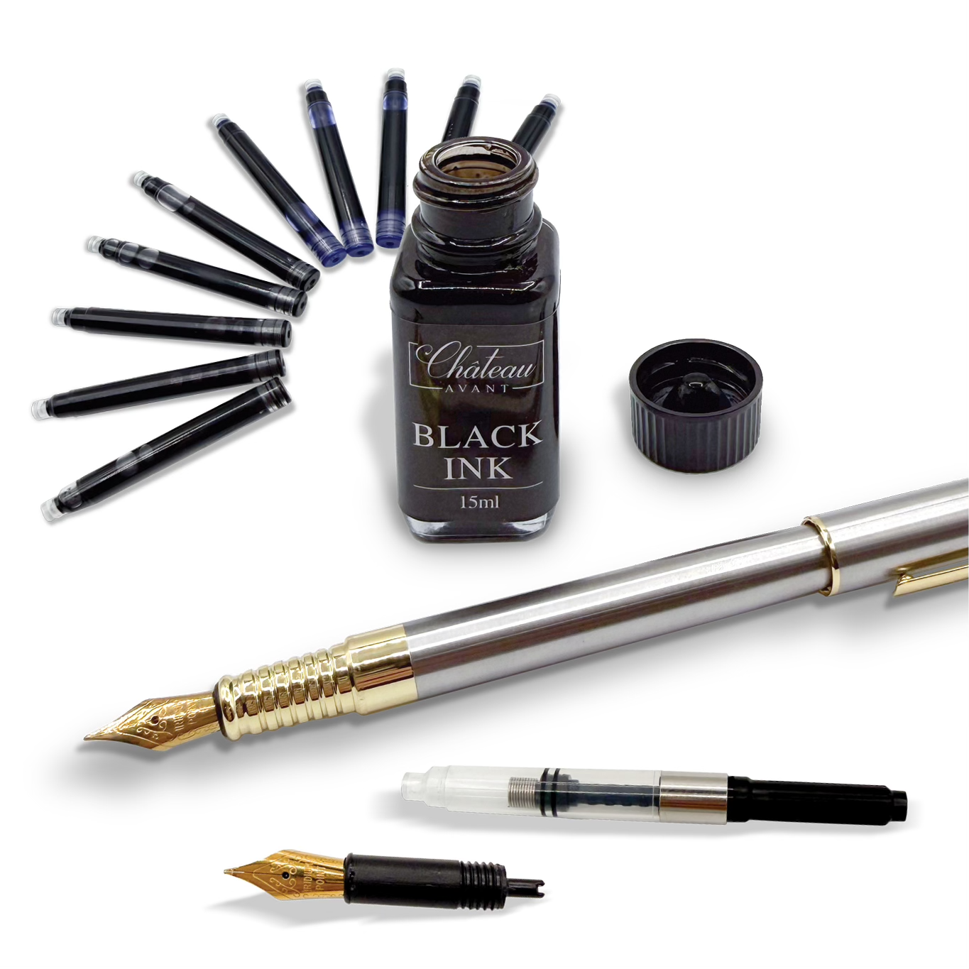Two halves of the Chateau Avant Signature pen crossed against a black field